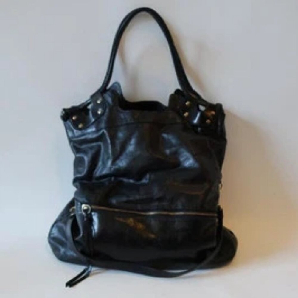 WOMENS PINK MOON NEW YORK BLACK LEATHER HANDBAG *